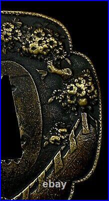 Japanese Antique Samurai TSUBA Katana Sword Hilt Flower Gold Inlay (b730)
