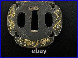 Japanese Antique Samurai TSUBA Samurai Katana Sword Gold Inlay (e14)