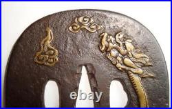 Japanese Antique Tsuba of Katana Samurai Sword Guard Iron Rare Design 46-C19