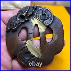 Japanese Antique Tsuba of Katana Samurai Sword Guard Iron Rare Design 61-C18