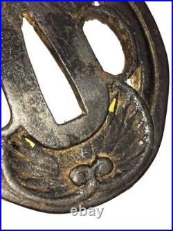 Japanese Antique Tsuba of Katana Samurai Sword Guard Iron Rare Design 63-G43