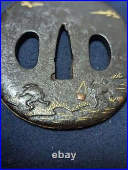 Japanese Antique Tsuba of Katana Samurai Sword Guard Iron Rare Design 71-A52