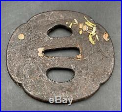 Japanese Edo Samurai Tsuba Sword Cross Guards Iron WithFloral Copper & Gold Inlay