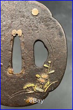 Japanese Edo Samurai Tsuba Sword Cross Guards Iron WithFloral Copper & Gold Inlay