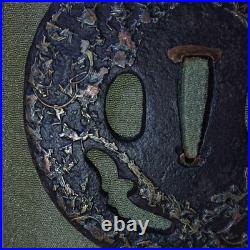 Japanese Iron Sword Guard Tsuba with Brass Inlay and High Relief Design in Box Japanese Iron Sword Guard Tsuba with Brass Inlay and High Relief Design in Box