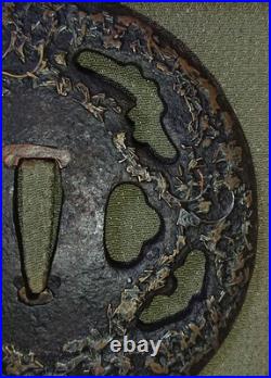 Japanese Iron Sword Guard Tsuba with Brass Inlay and High Relief Design in Box Japanese Iron Sword Guard Tsuba with Brass Inlay and High Relief Design in Box