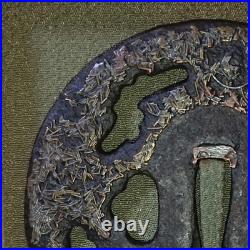 Japanese Iron Sword Guard Tsuba with Brass Inlay and High Relief Design in Box Japanese Iron Sword Guard Tsuba with Brass Inlay and High Relief Design in Box