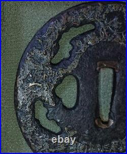Japanese Iron Sword Guard Tsuba with Brass Inlay and High Relief Design in Box Japanese Iron Sword Guard Tsuba with Brass Inlay and High Relief Design in Box