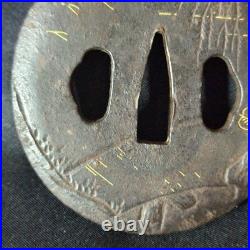 Japanese Iron Tsuba Fisherman Motif Gold Inlay Edo Period Antique Sword Guard