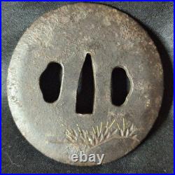 Japanese Iron Tsuba Fisherman Motif Gold Inlay Edo Period Antique Sword Guard