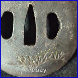 Japanese Iron Tsuba Fisherman Motif Gold Inlay Edo Period Antique Sword Guard