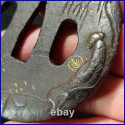 Japanese Iron Tsuba Fisherman Motif Gold Inlay Edo Period Antique Sword Guard