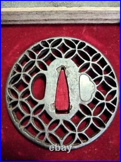 Japanese Katana Tsuba Sword Guard Shippou Kyo-Sukashi Iron Tsuba With Box Edo