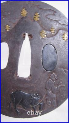 Japanese Sword Katana Tsuba Iron Base Tsuba Black/Gold Japan Antique withBox Japanese Sword Katana Tsuba Iron Base Tsuba Black/Gold Japan Antique withBox