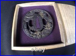 Japanese Sword Parts Antipue Tsuba Munenori Samurai Warrior Diagram Iron WithBox