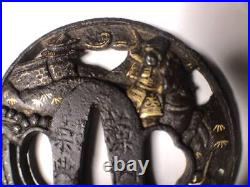 Japanese Sword Parts Antipue Tsuba Munenori Samurai Warrior Diagram Iron WithBox