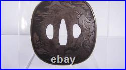 Japanese Sword Parts Iron Ground Tsuba Antique with Landscape drawing Samurai JP