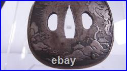 Japanese Sword Parts Iron Ground Tsuba Antique with Landscape drawing Samurai JP