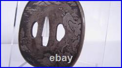 Japanese Sword Parts Iron Ground Tsuba Antique with Landscape drawing Samurai JP