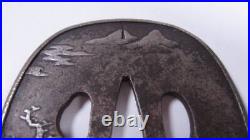 Japanese Sword Parts Iron Ground Tsuba Antique with Landscape drawing Samurai JP