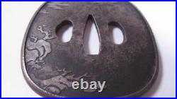 Japanese Sword Parts Iron Ground Tsuba Antique with Landscape drawing Samurai JP