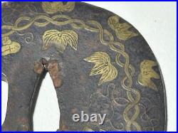 Japanese Sword Tsuba Era Iron Inlay Base And Other Metal Parts Wakizashi Koshira