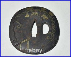 Japanese Sword Tsuba Era Iron Inlay Base And Other Metal Parts Wakizashi Koshira