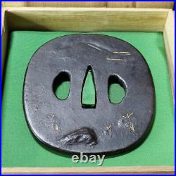 Japanese Sword Tsuba Large Inlaid Mountain Water Pattern Edo Antique Iron Ba Japanese Sword Tsuba Large Inlaid Mountain Water Pattern Edo Antique Iron Ba