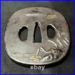 Japanese Sword Tsuba Large Inlaid Mountain Water Pattern Edo Antique Iron Ba Japanese Sword Tsuba Large Inlaid Mountain Water Pattern Edo Antique Iron Ba