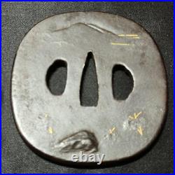 Japanese Sword Tsuba Large Inlaid Mountain Water Pattern Edo Antique Iron Ba Japanese Sword Tsuba Large Inlaid Mountain Water Pattern Edo Antique Iron Ba