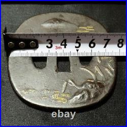 Japanese Sword Tsuba Large Inlaid Mountain Water Pattern Edo Antique Iron Ba Japanese Sword Tsuba Large Inlaid Mountain Water Pattern Edo Antique Iron Ba