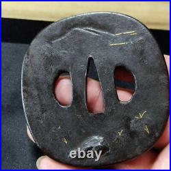 Japanese Sword Tsuba Large Inlaid Mountain Water Pattern Edo Antique Iron Ba Japanese Sword Tsuba Large Inlaid Mountain Water Pattern Edo Antique Iron Ba