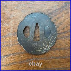 Japanese Sword Tsuba Old Iron Gold And Silver Inlaid Grass Design