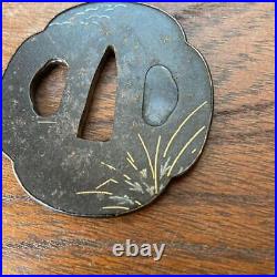 Japanese Sword Tsuba Old Iron Gold And Silver Inlaid Grass Design