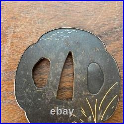 Japanese Sword Tsuba Old Iron Gold And Silver Inlaid Grass Design