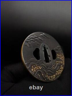 Japanese Sword Waves and flying birds Tsuba for Katana, Edo period antique, A119