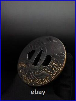 Japanese Sword Waves and flying birds Tsuba for Katana, Edo period antique, A119