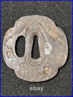 Japanese Sword tsuba Period Weapons, Large Iron Tsuba, Landscape Pattern, Inlay Japanese Sword tsuba Period Weapons, Large Iron Tsuba, Landscape Pattern, Inlay