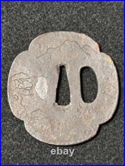 Japanese Sword tsuba Period Weapons, Large Iron Tsuba, Landscape Pattern, Inlay Japanese Sword tsuba Period Weapons, Large Iron Tsuba, Landscape Pattern, Inlay