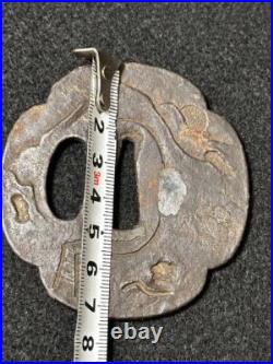 Japanese Sword tsuba Period Weapons, Large Iron Tsuba, Landscape Pattern, Inlay Japanese Sword tsuba Period Weapons, Large Iron Tsuba, Landscape Pattern, Inlay