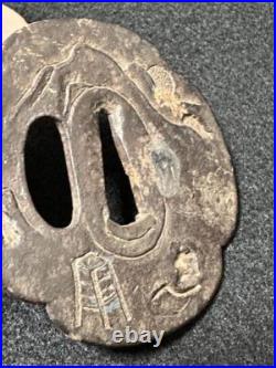 Japanese Sword tsuba Period Weapons, Large Iron Tsuba, Landscape Pattern, Inlay Japanese Sword tsuba Period Weapons, Large Iron Tsuba, Landscape Pattern, Inlay