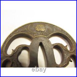 Japanese sword Large iron tsuba with a hollyhock crest on it. Antique original
