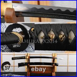 Japanese sword samurai wakizashi damascus folded steel brass fittings iron tsuba