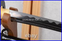 Japanese sword samurai wakizashi damascus folded steel brass fittings iron tsuba