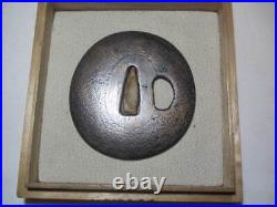 Japanese sword tsuba, iron base, round shape, Go stone shape, Japanese antique