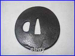 Japanese sword tsuba, iron base, round shape, Go stone shape, Japanese antique