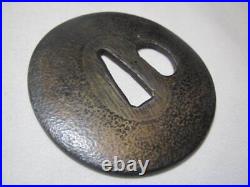 Japanese sword tsuba, iron base, round shape, Go stone shape, Japanese antique