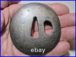 Japanese sword tsuba, iron base, round shape, Go stone shape, Japanese antique