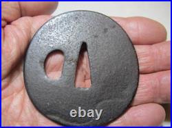 Japanese sword tsuba, iron base, round shape, Go stone shape, Japanese antique