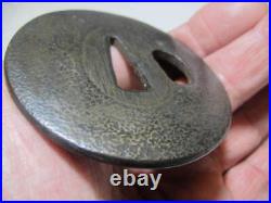 Japanese sword tsuba, iron base, round shape, Go stone shape, Japanese antique